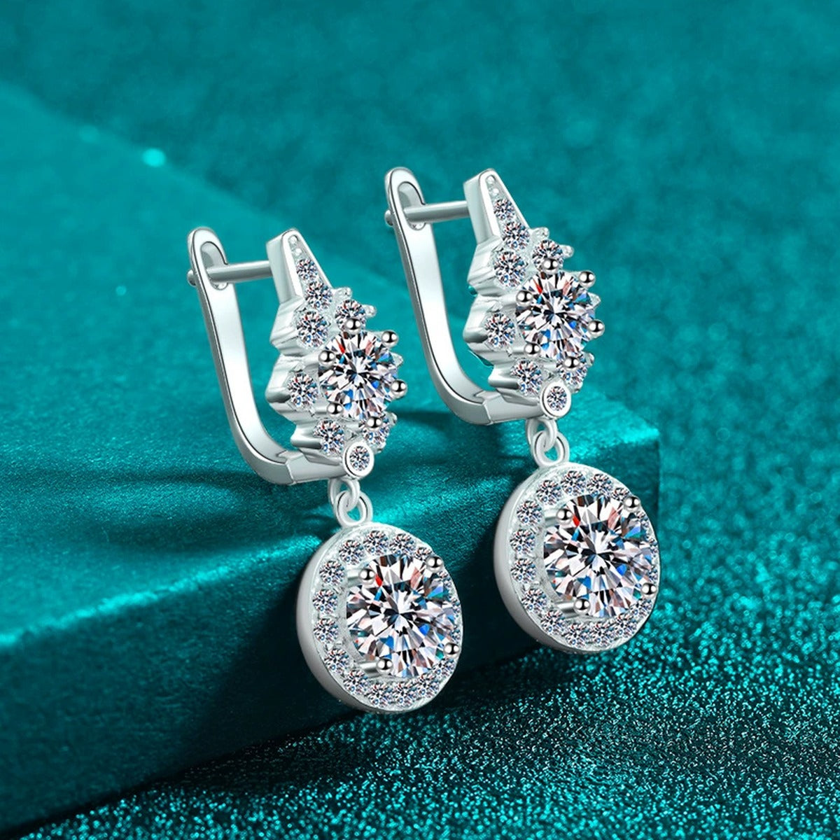 Round Moissanite Hoop Dangle Earrings with CZ in Rhodium-Plated S925 sterling silver product scene view showing side profile
