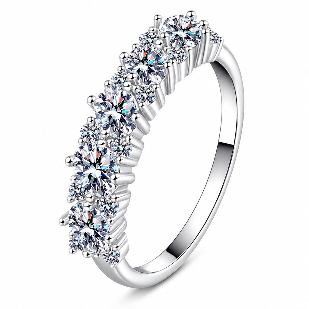 Oval and Round Moissanite Band Ring in rhodium-plated S925 sterling silver on clean white background