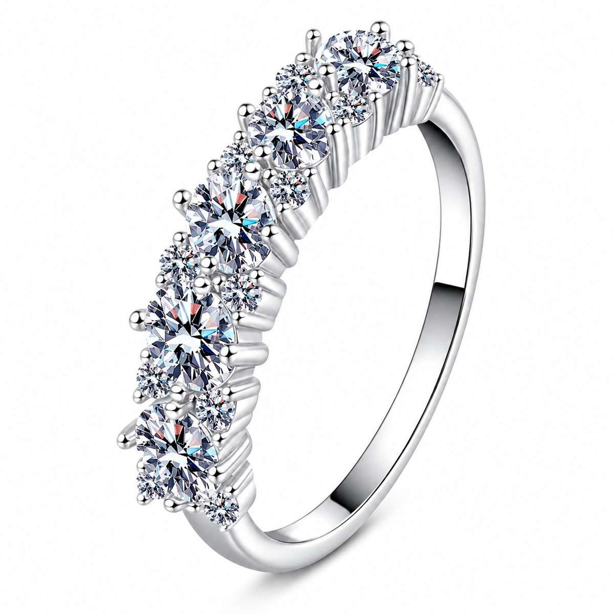Oval and Round Moissanite Band Ring in rhodium-plated S925 sterling silver on clean white background