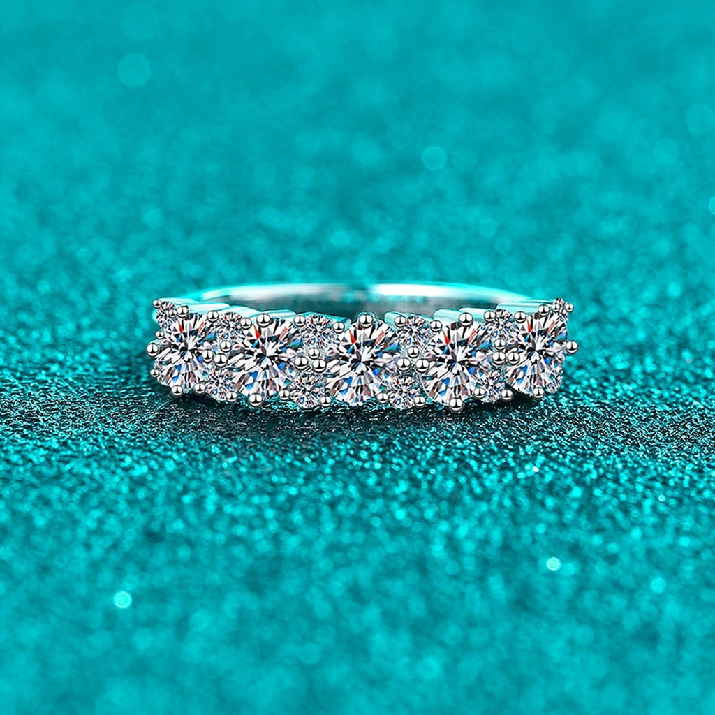 Oval and Round Moissanite Band Ring product view showing moissanite setting and metal finish