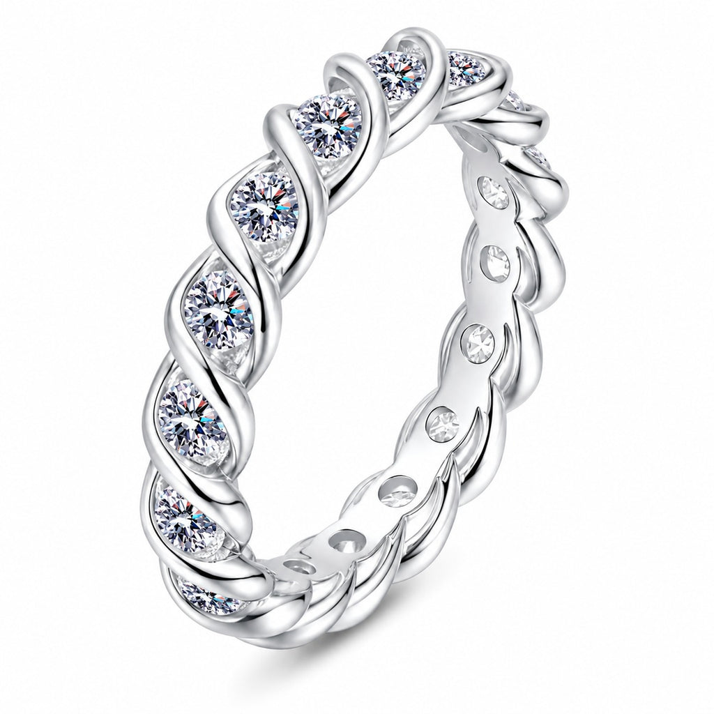 Round Moissanite Eternity Band Ring in rhodium-plated S925 sterling silver on clean white background