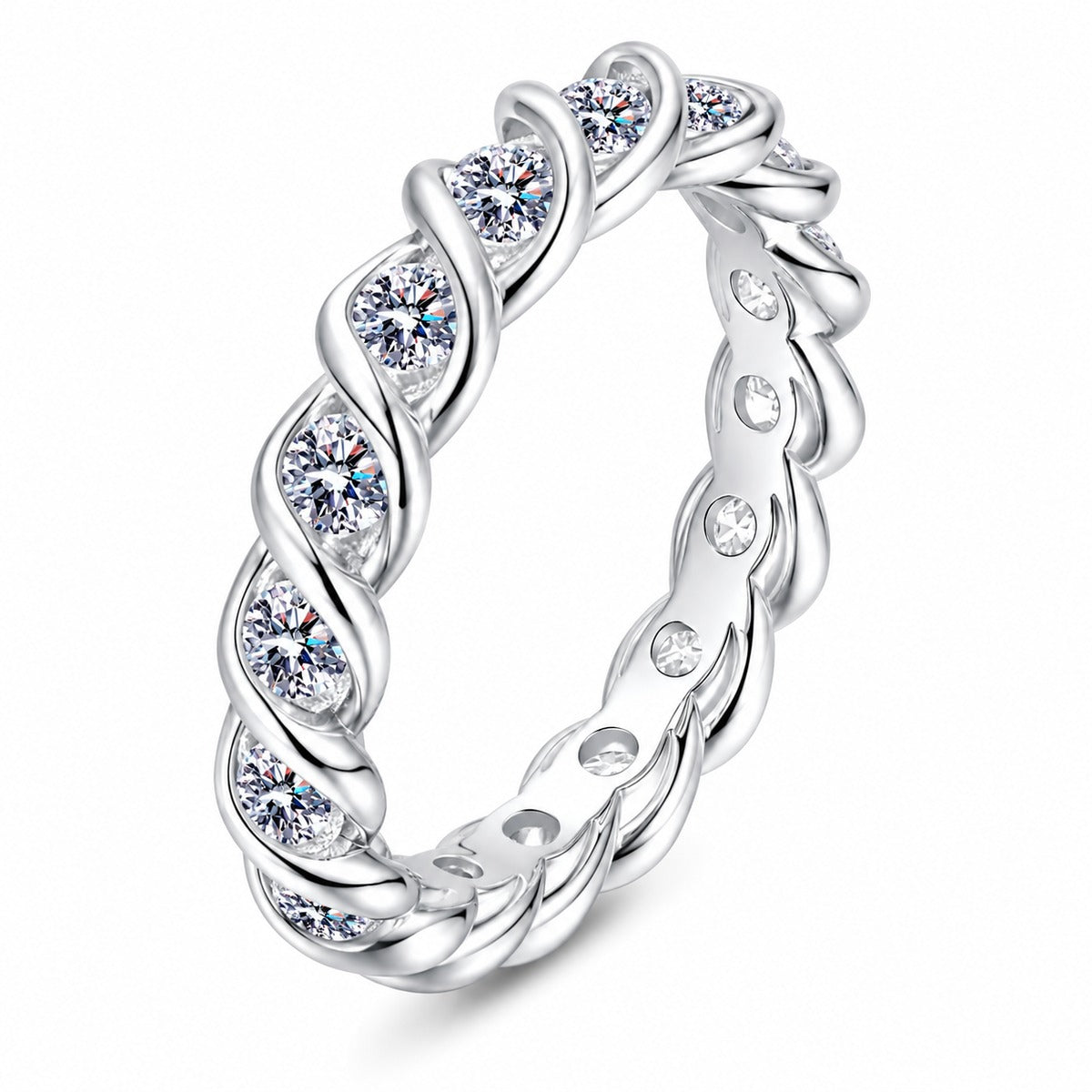Round Moissanite Eternity Band Ring in rhodium-plated S925 sterling silver on clean white background