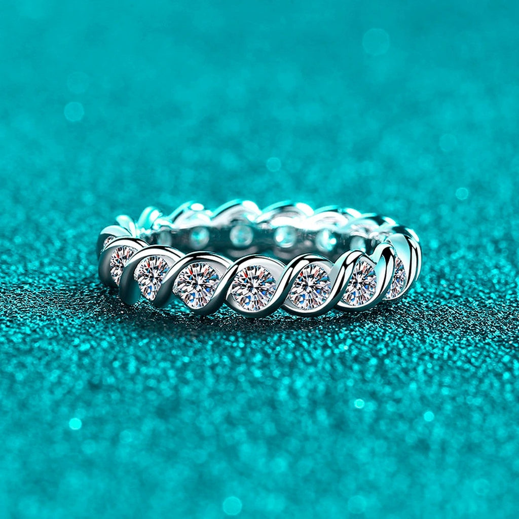 Round Moissanite Eternity Band Ring product view showing moissanite setting and metal finish