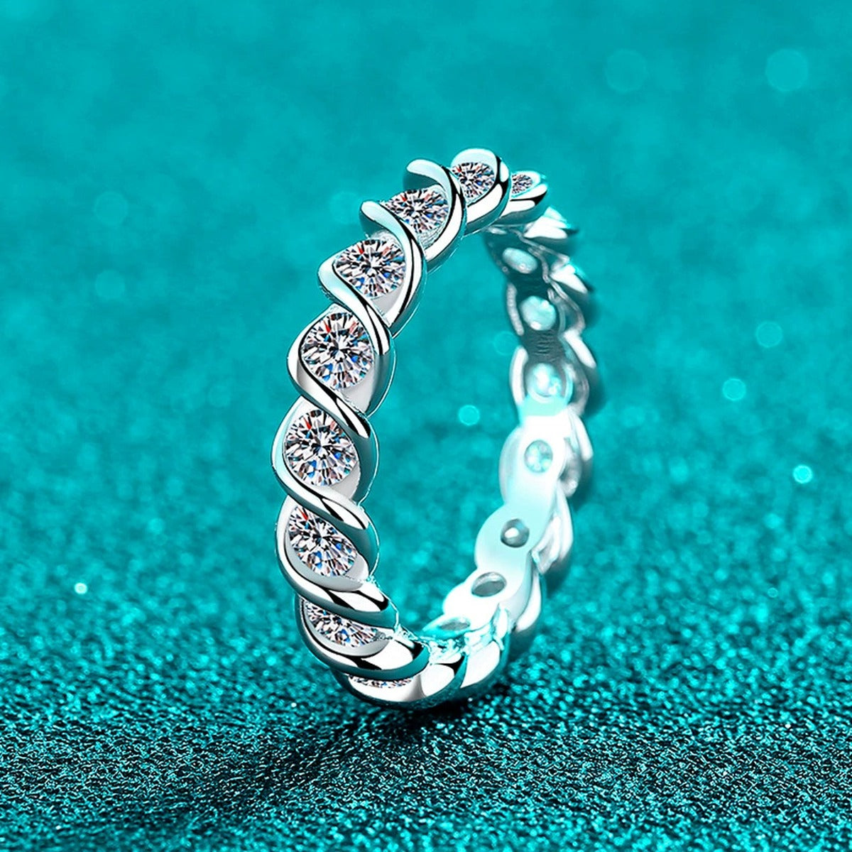Round Moissanite Eternity Band Ring product view showing moissanite setting and metal finish