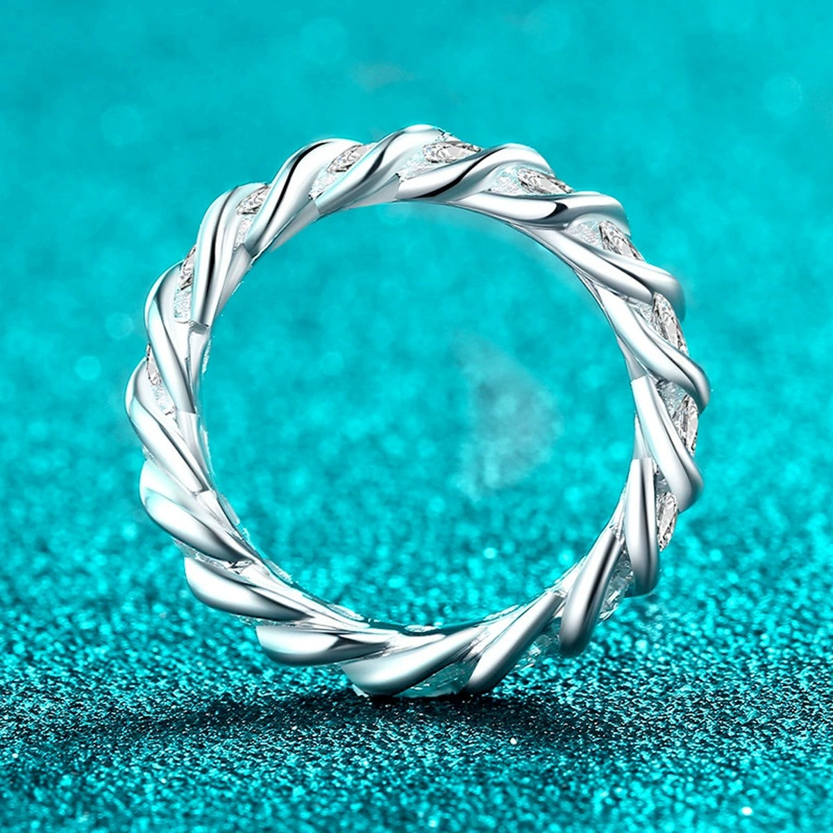 Round Moissanite Eternity Band Ring product view showing moissanite setting and metal finish