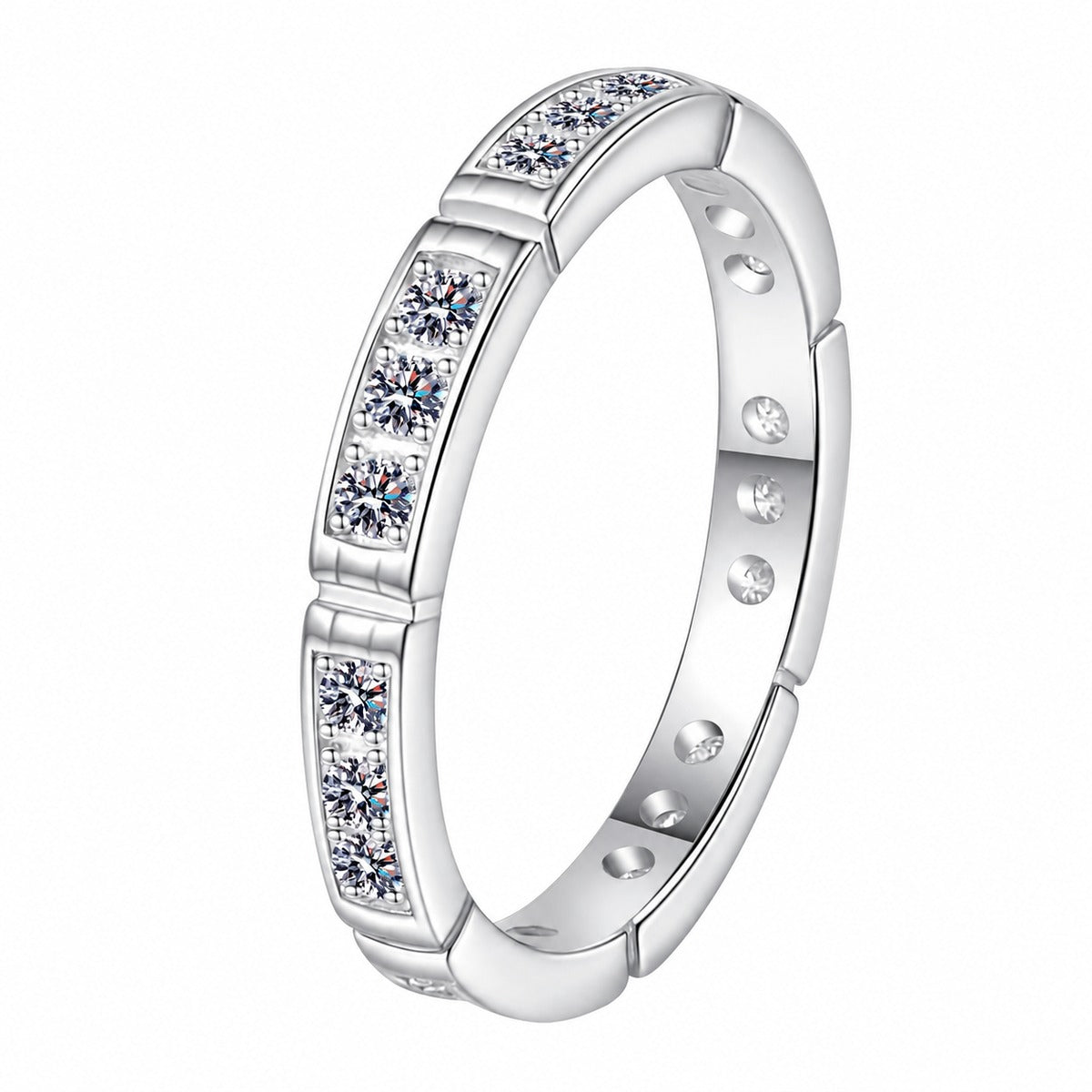 Round Moissanite Band Ring in rhodium-plated S925 sterling silver on clean white background