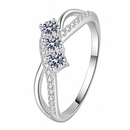 Round Moissanite Statement Band Ring in rhodium-plated S925 sterling silver on clean white background