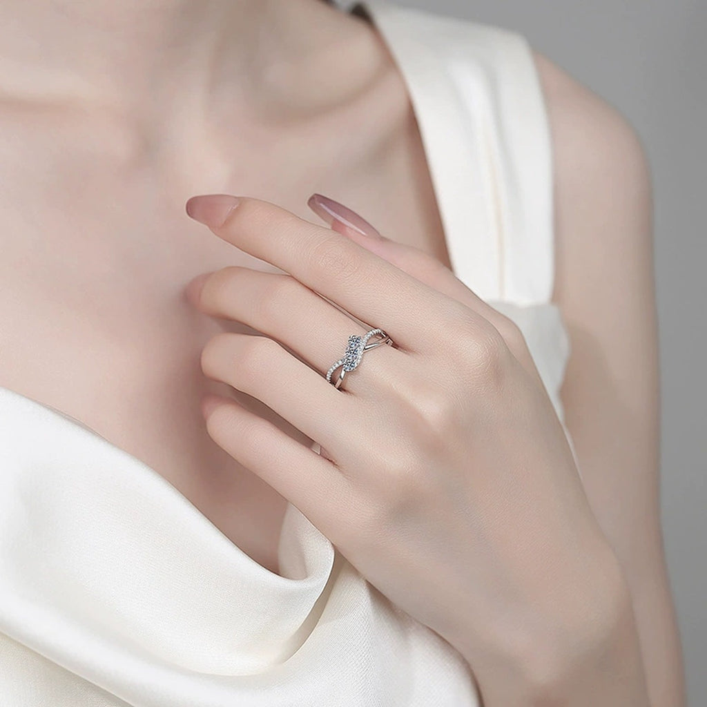 Round Moissanite Statement Band Ring worn on hand to show scale, band width, and ring profile