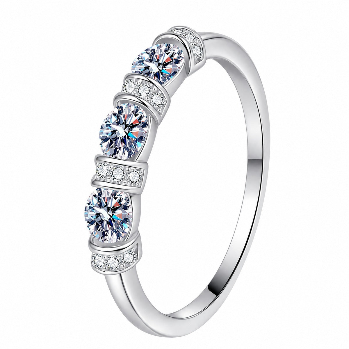 Oval and Round Moissanite Band Ring in rhodium-plated S925 sterling silver on clean white background