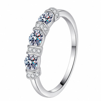 Oval and Round Moissanite Band Ring in rhodium-plated S925 sterling silver on clean white background