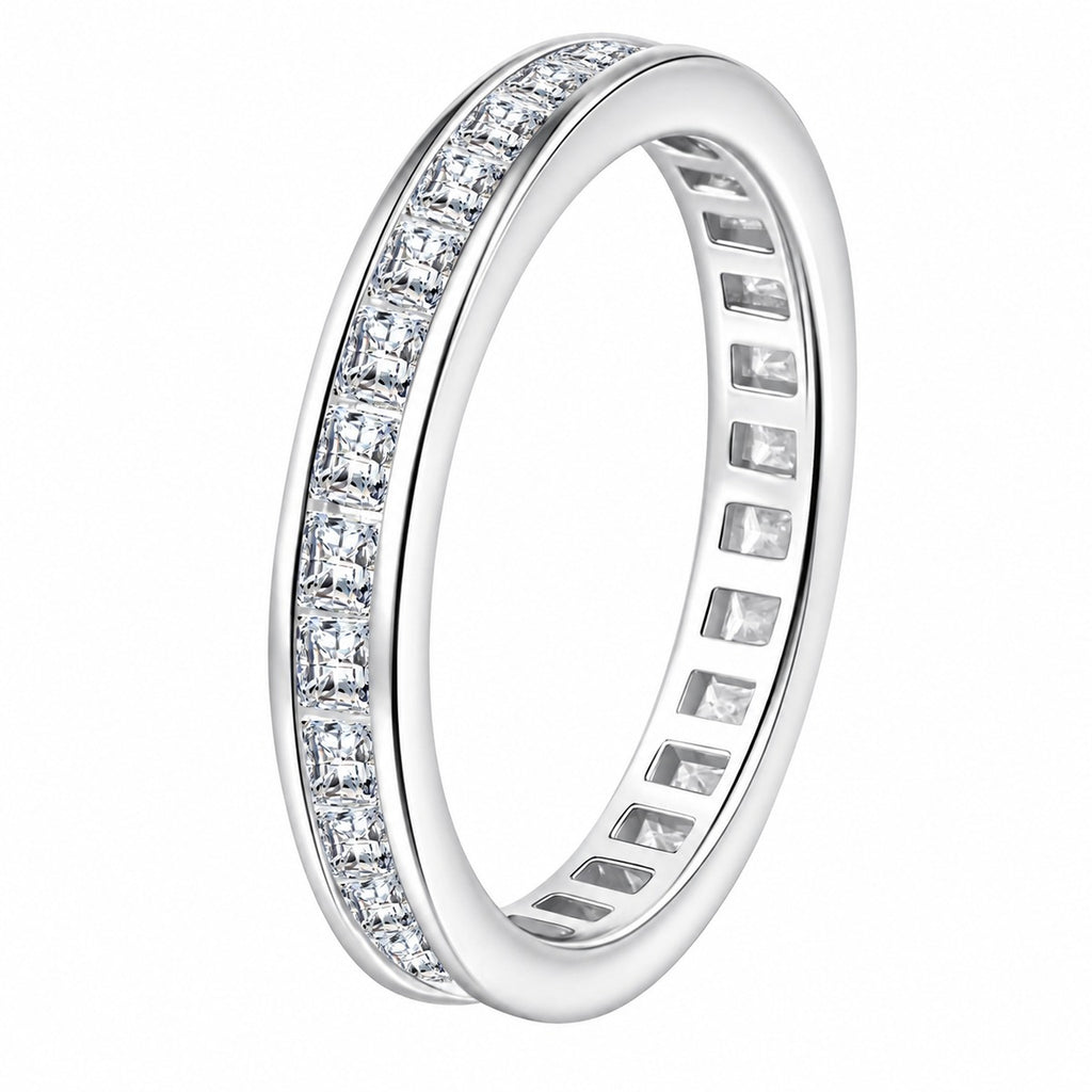 Princess Cut Moissanite Band Ring in rhodium-plated S925 sterling silver on clean white background