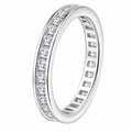 Princess Cut Moissanite Band Ring in rhodium-plated S925 sterling silver on clean white background