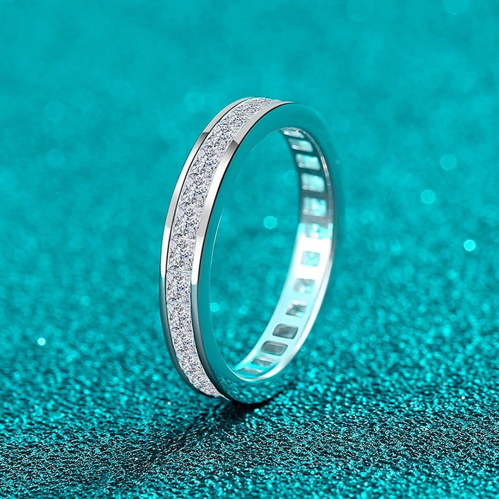 Princess Cut Moissanite Band Ring product view showing moissanite setting and metal finish