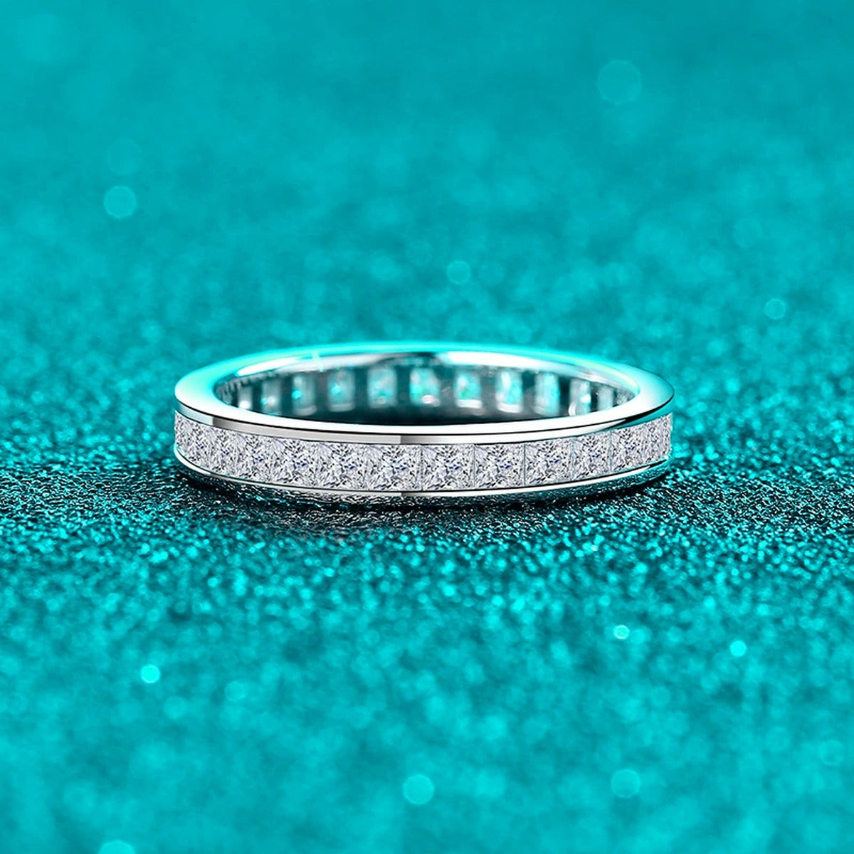 Princess Cut Moissanite Band Ring product view showing moissanite setting and metal finish