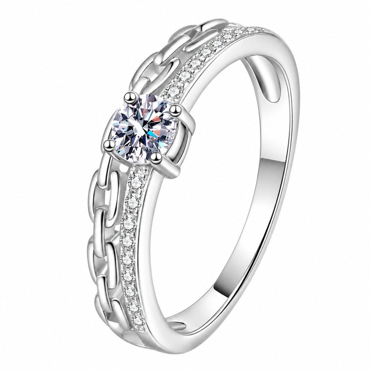 Round Moissanite Statement Ring in rhodium-plated S925 sterling silver on clean white background