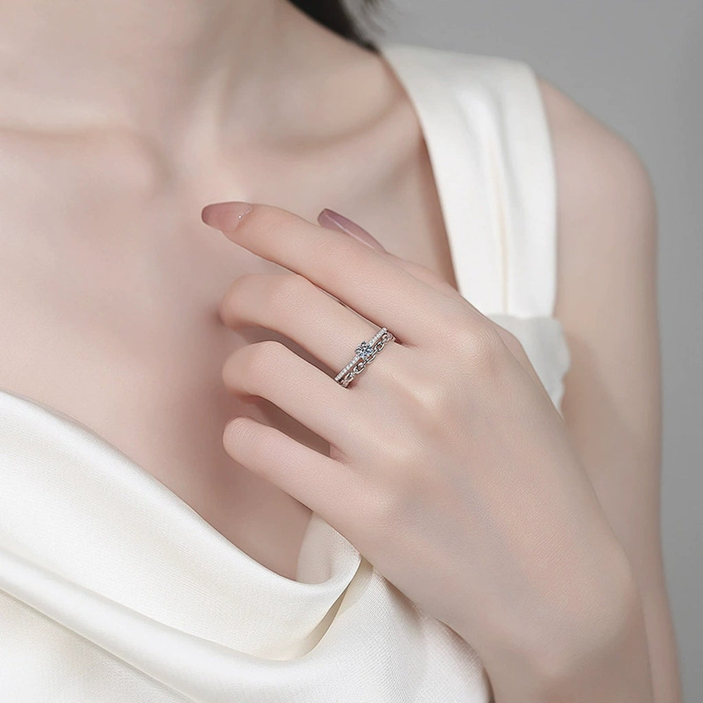 Round Moissanite Statement Ring worn on hand to show scale, band width, and ring profile
