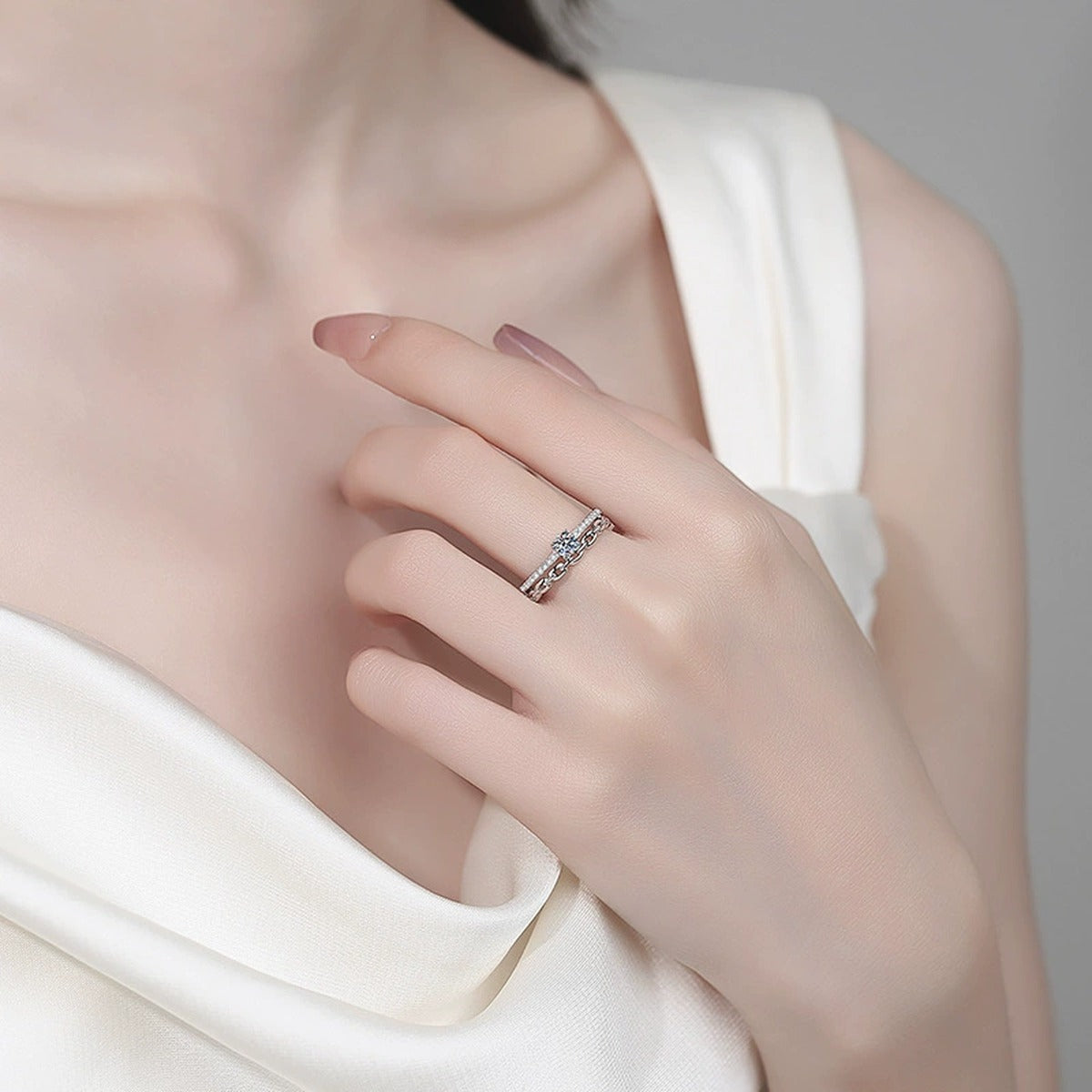 Round Moissanite Statement Ring worn on hand to show scale, band width, and ring profile