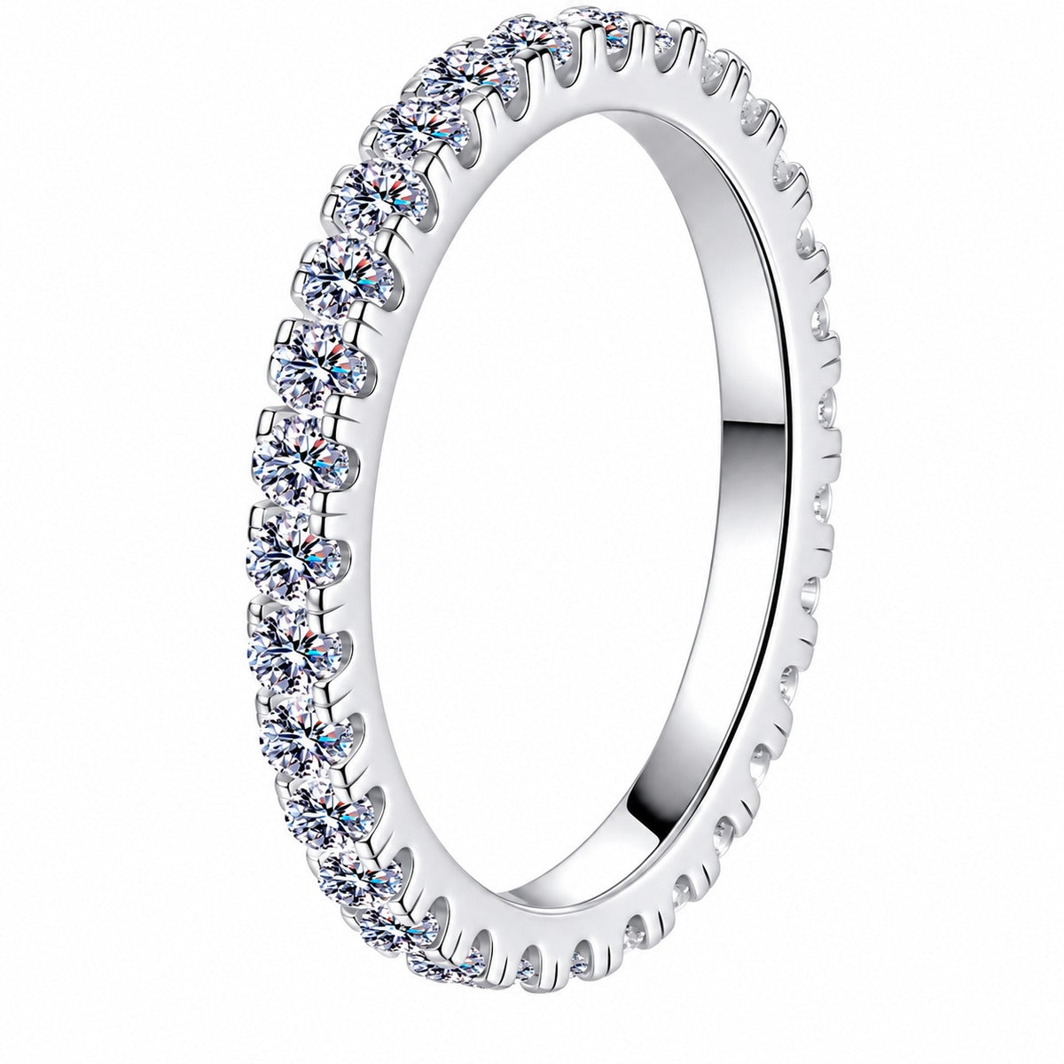 Round Moissanite Band Ring in rhodium-plated S925 sterling silver on clean white background
