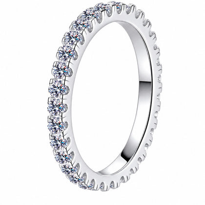 Round Moissanite Band Ring in rhodium-plated S925 sterling silver on clean white background
