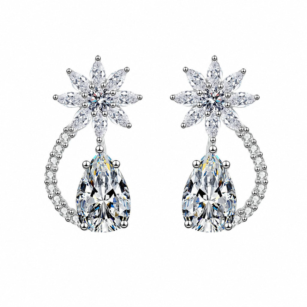 Pear Cut Moissanite Stud Drop Earrings with CZ in Rhodium-Plated S925 sterling silver white background product photo showing the pair, stone shape, and stud earrings silhouette