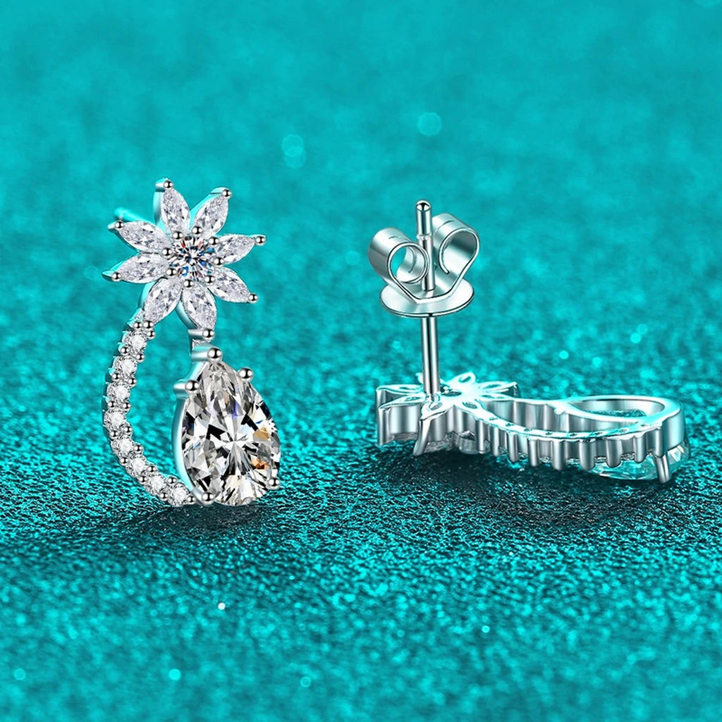 Pear Cut Moissanite Stud Drop Earrings with CZ in Rhodium-Plated S925 sterling silver product scene view showing side profile