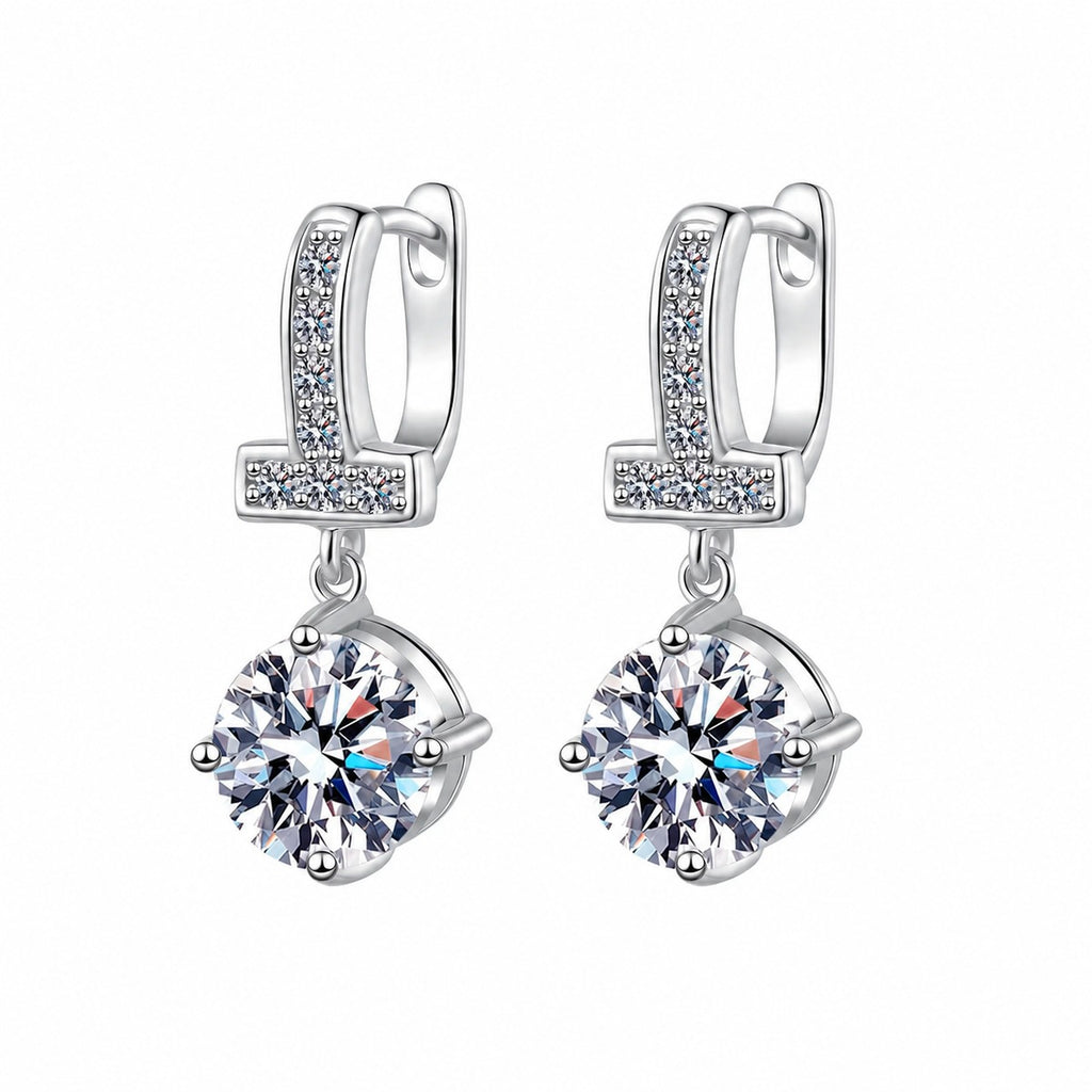 Round Moissanite Hoop Dangle Earrings with CZ in Rhodium-Plated S925 sterling silver white background product photo showing the pair, stone shape, and hoop dangle earrings silhouette