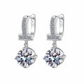 Round Moissanite Hoop Dangle Earrings with CZ in Rhodium-Plated S925 sterling silver white background product photo showing the pair, stone shape, and hoop dangle earrings silhouette