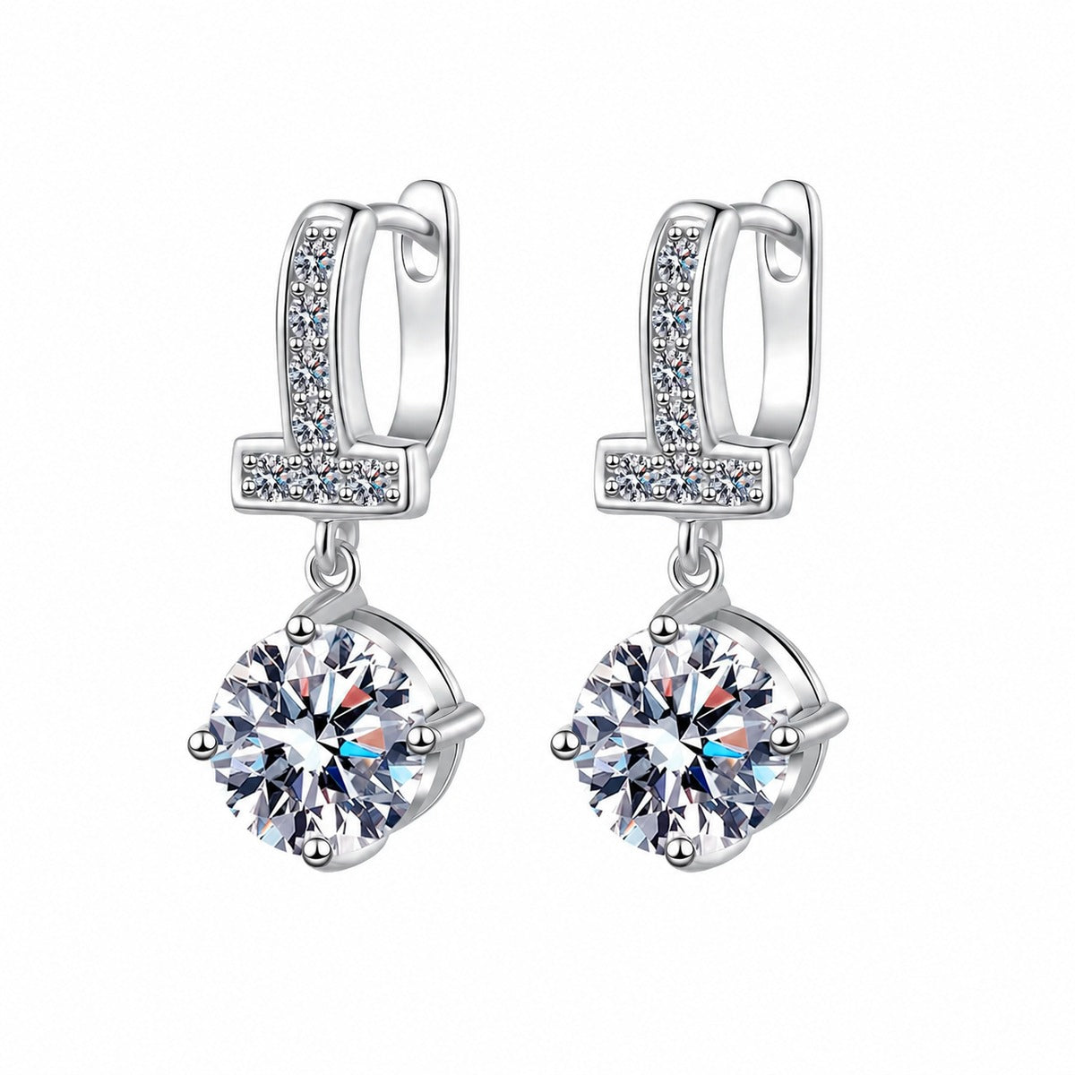 Round Moissanite Hoop Dangle Earrings with CZ in Rhodium-Plated S925 sterling silver white background product photo showing the pair, stone shape, and hoop dangle earrings silhouette