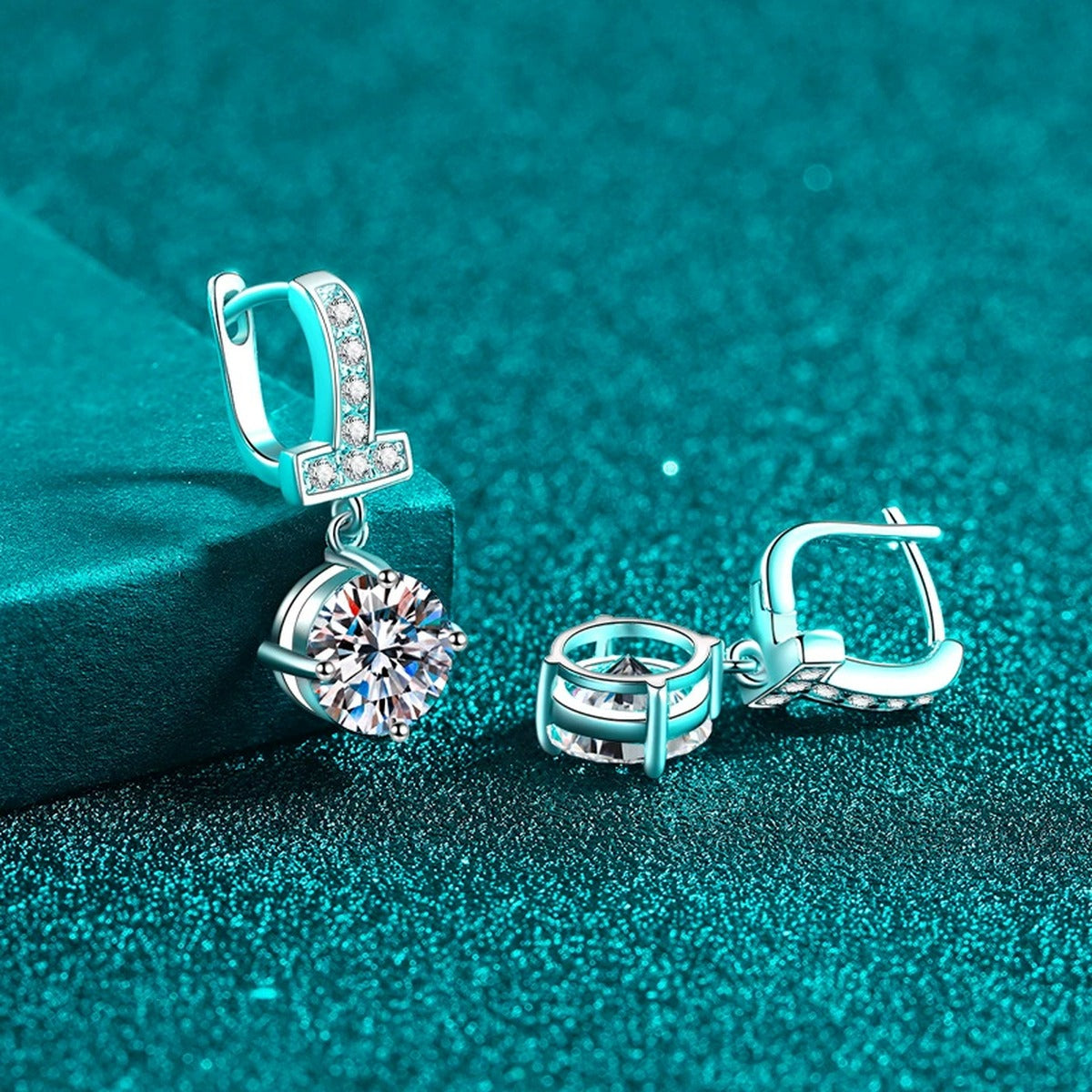 Round Moissanite Hoop Dangle Earrings with CZ in Rhodium-Plated S925 sterling silver product scene view showing front sparkle