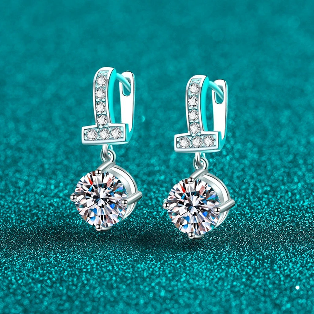 Round Moissanite Hoop Dangle Earrings with CZ in Rhodium-Plated S925 sterling silver product scene view showing angled setting detail