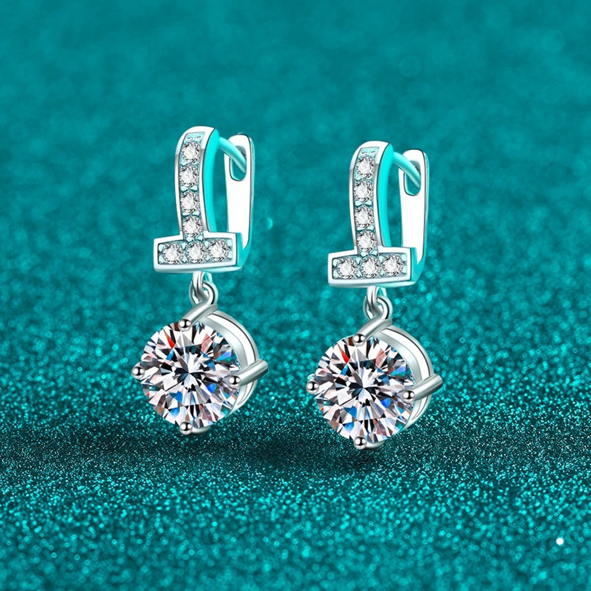 Round Moissanite Hoop Dangle Earrings with CZ in Rhodium-Plated S925 sterling silver product scene view showing angled setting detail