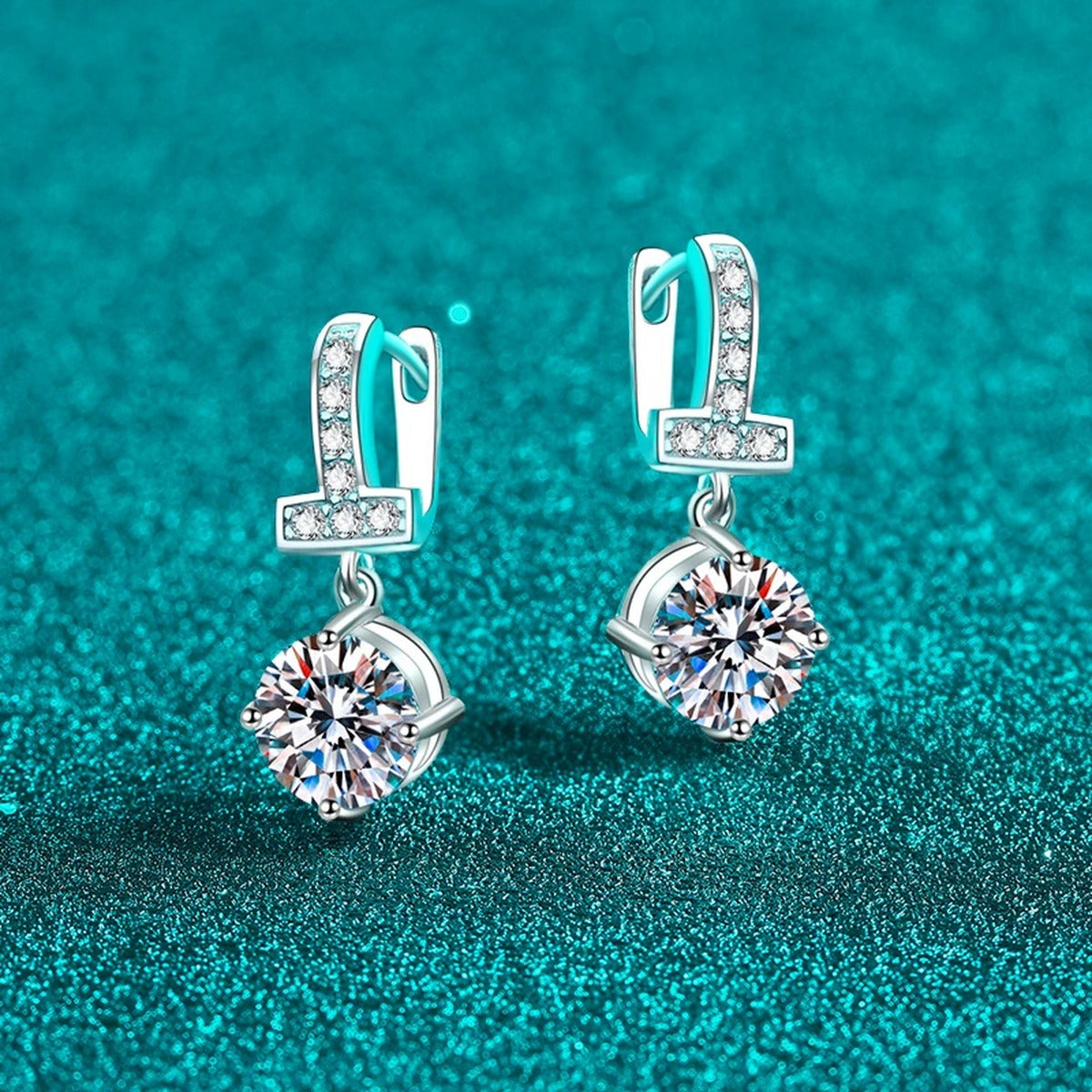 Round Moissanite Hoop Dangle Earrings with CZ in Rhodium-Plated S925 sterling silver product scene view showing side profile