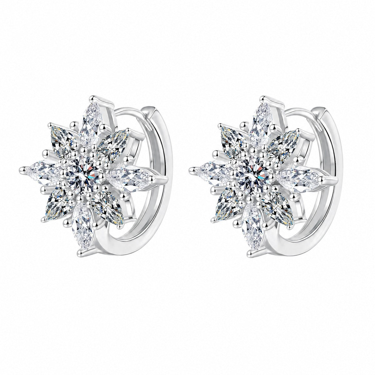 Floral Moissanite Hoop Earrings with CZ in Rhodium-Plated S925 sterling silver white background product photo showing the pair, stone shape, and hoop earrings silhouette