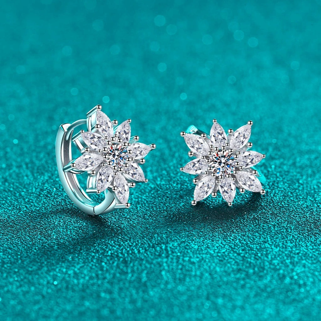 Floral Moissanite Hoop Earrings with CZ in Rhodium-Plated S925 sterling silver product scene view showing front sparkle