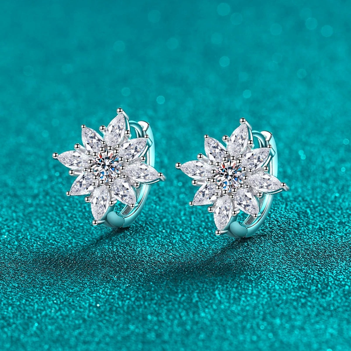 Floral Moissanite Hoop Earrings with CZ in Rhodium-Plated S925 sterling silver product scene view showing angled setting detail