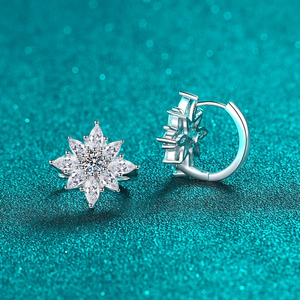 Floral Moissanite Hoop Earrings with CZ in Rhodium-Plated S925 sterling silver product scene view showing side profile