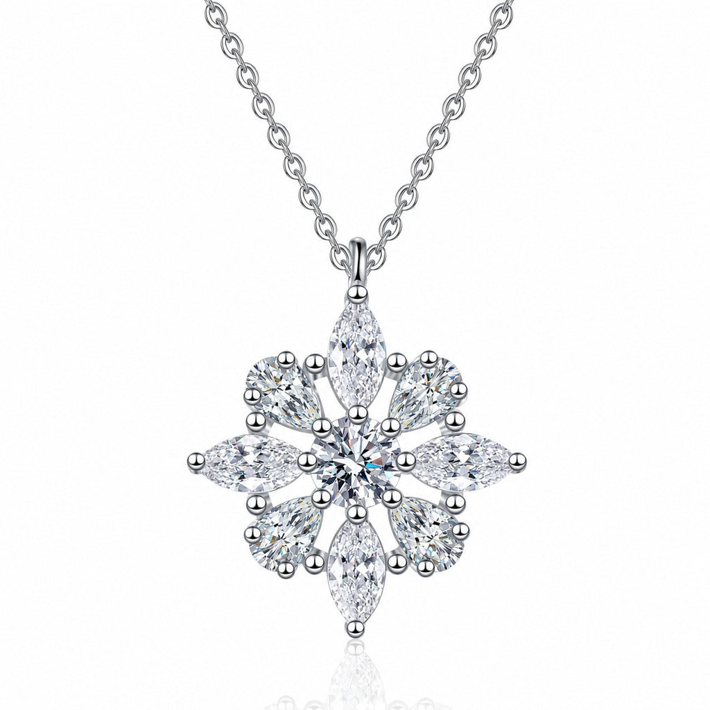 Starburst Mixed-Cut Moissanite Pendant Necklace in Rhodium-Plated S925 sterling silver white background product photo showing starburst pendant with round, marquise, and pear cut moissanite stones
