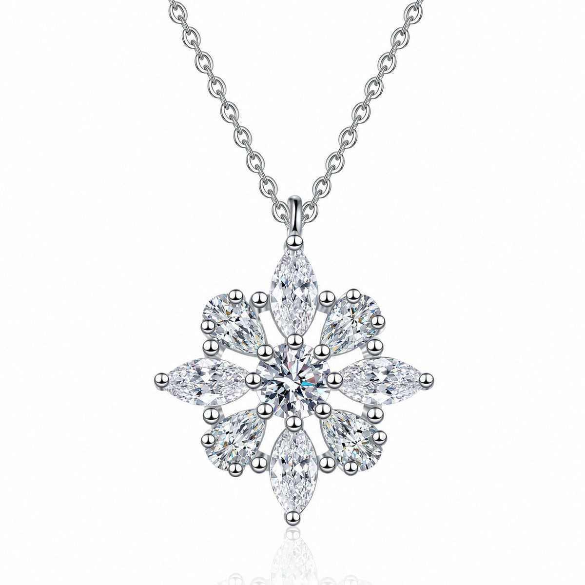 Starburst Mixed-Cut Moissanite Pendant Necklace in Rhodium-Plated S925 sterling silver white background product photo showing starburst pendant with round, marquise, and pear cut moissanite stones