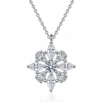 Starburst Mixed-Cut Moissanite Pendant Necklace in Rhodium-Plated S925 sterling silver white background product photo showing starburst pendant with round, marquise, and pear cut moissanite stones