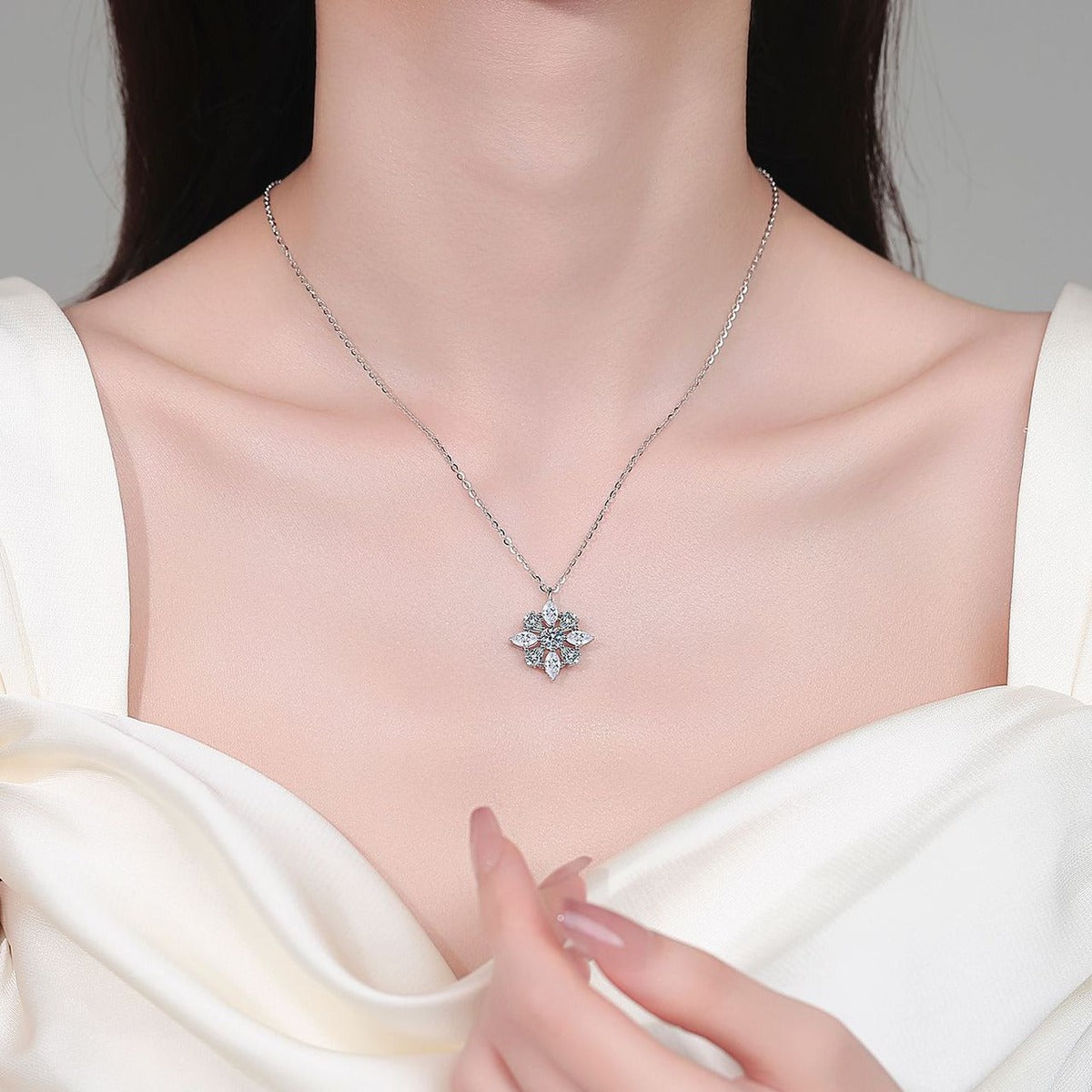 Starburst Mixed-Cut Moissanite Pendant Necklace in Rhodium-Plated S925 sterling silver neckline model view showing pendant scale and adjustable chain