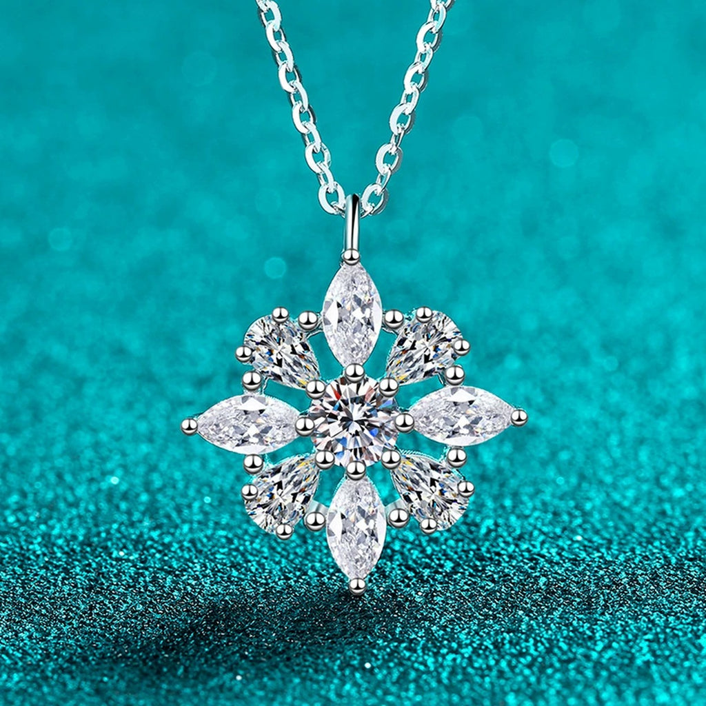 Starburst Mixed-Cut Moissanite Pendant Necklace in Rhodium-Plated S925 sterling silver blue display scene showing chain and stone layout