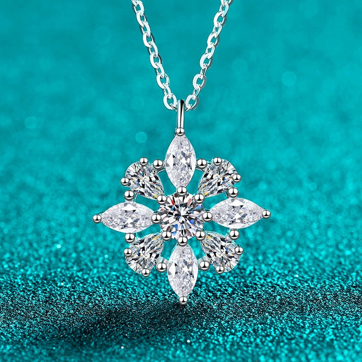 Starburst Mixed-Cut Moissanite Pendant Necklace in Rhodium-Plated S925 sterling silver blue display scene showing chain and stone layout