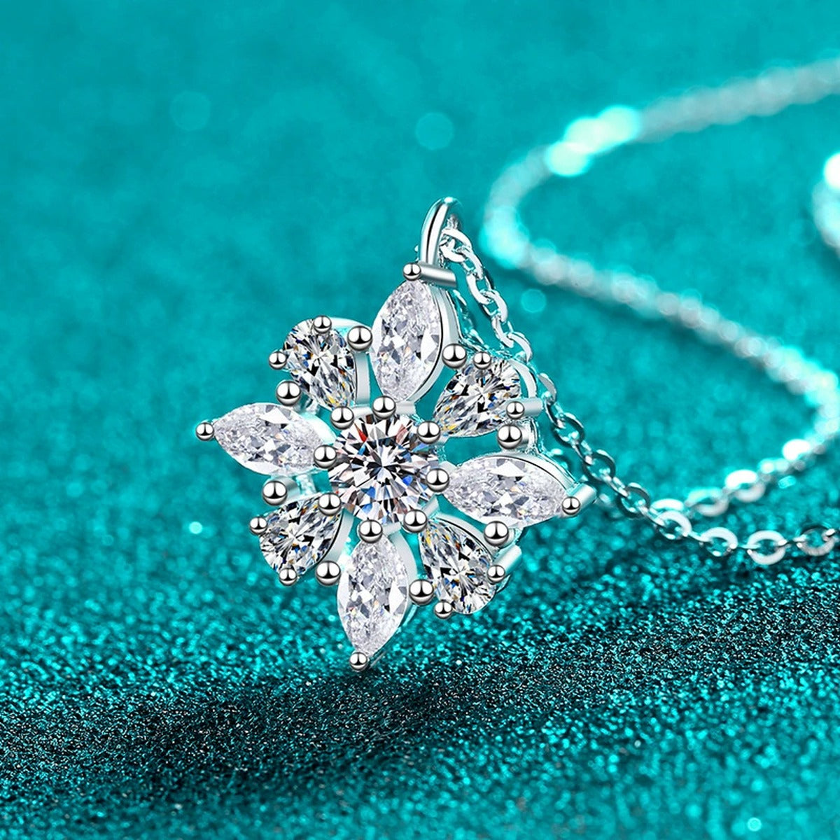 Starburst Mixed-Cut Moissanite Pendant Necklace in Rhodium-Plated S925 sterling silver angled product detail view