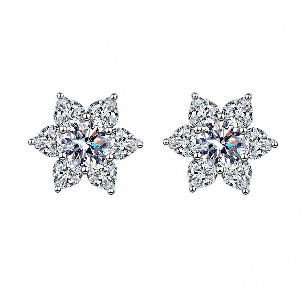 Star Cluster Moissanite Stud Earrings in Rhodium-Plated S925 sterling silver white background product photo showing the pair, stone shape, and stud earrings silhouette