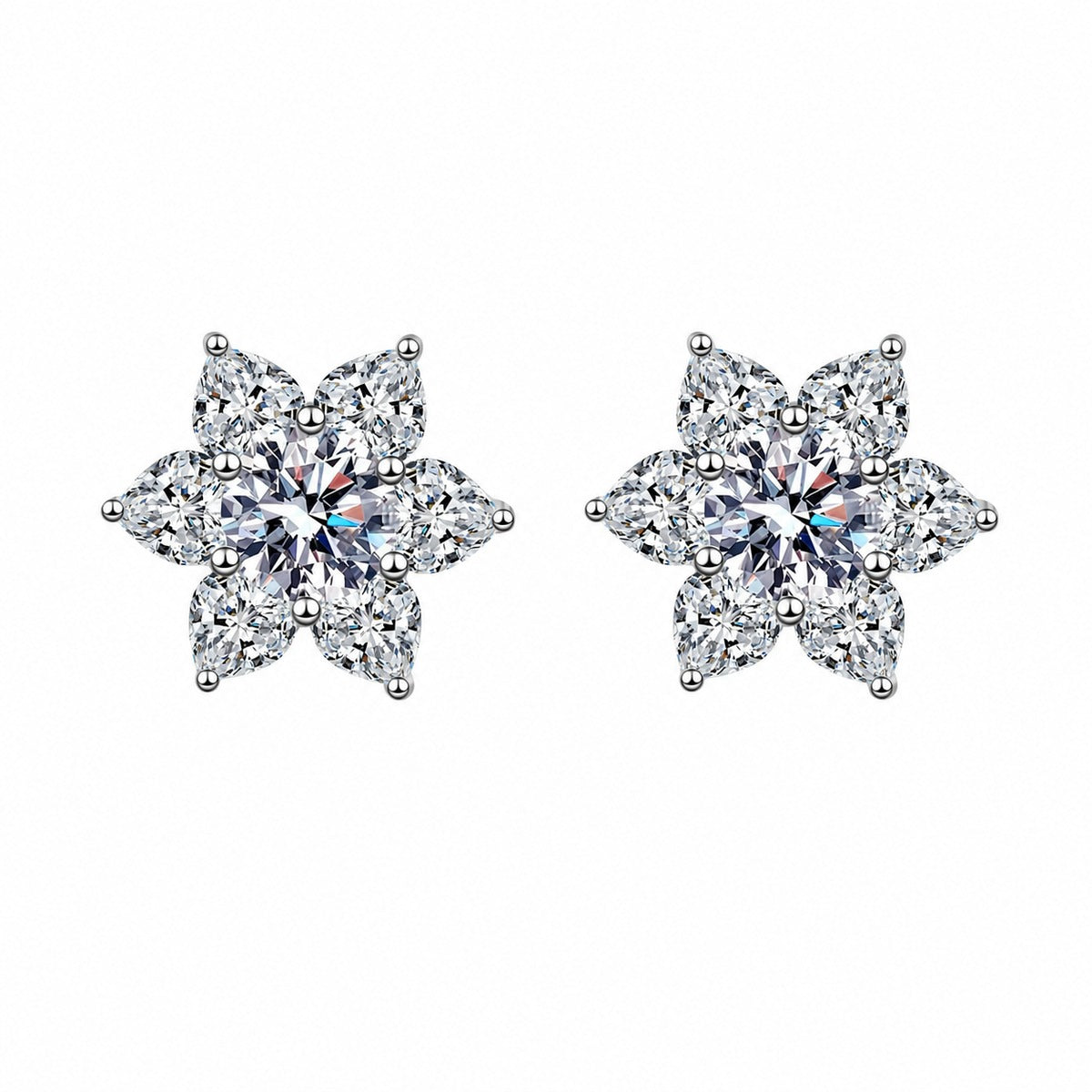 Star Cluster Moissanite Stud Earrings in Rhodium-Plated S925 sterling silver white background product photo showing the pair, stone shape, and stud earrings silhouette