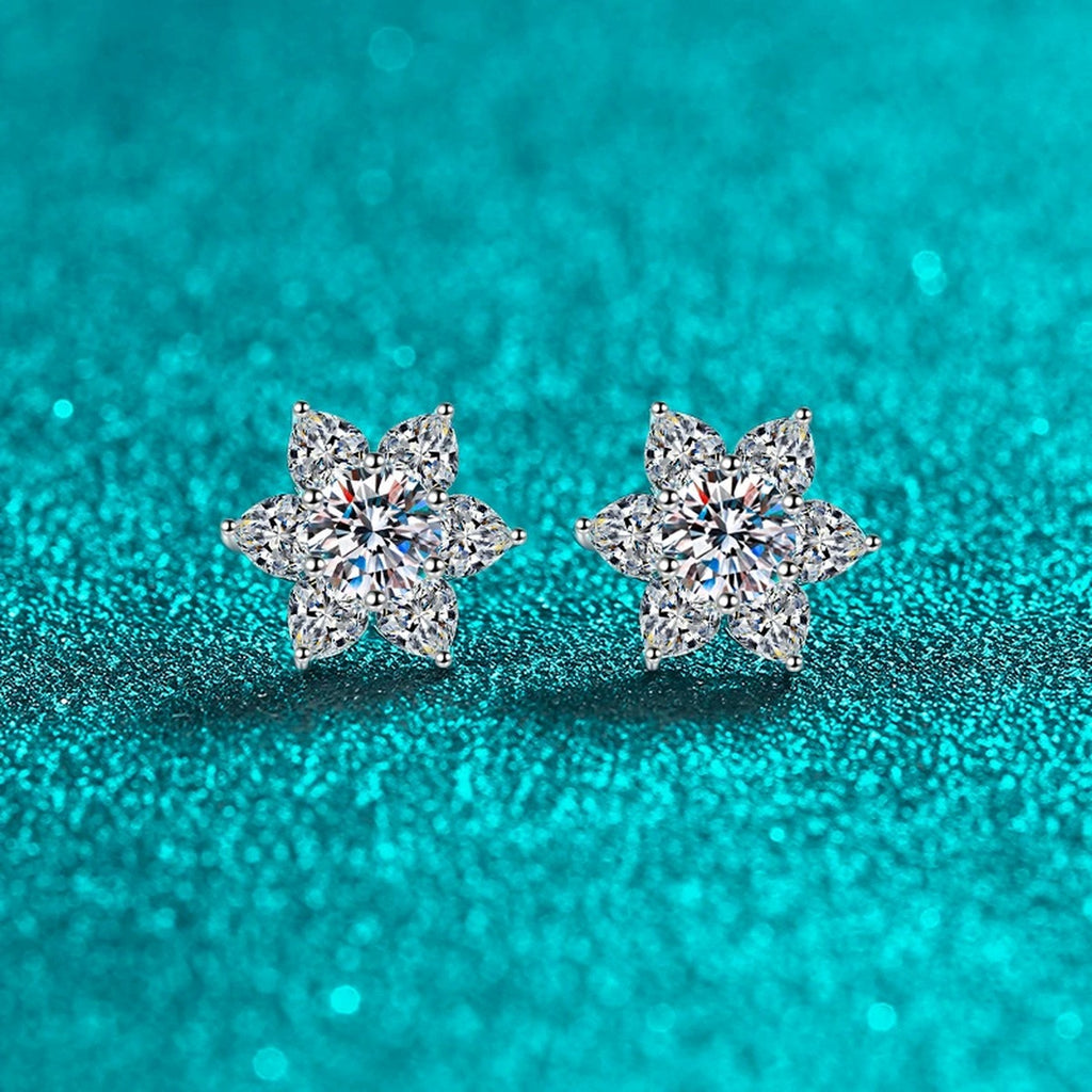 Star Cluster Moissanite Stud Earrings in Rhodium-Plated S925 sterling silver product scene view showing front sparkle