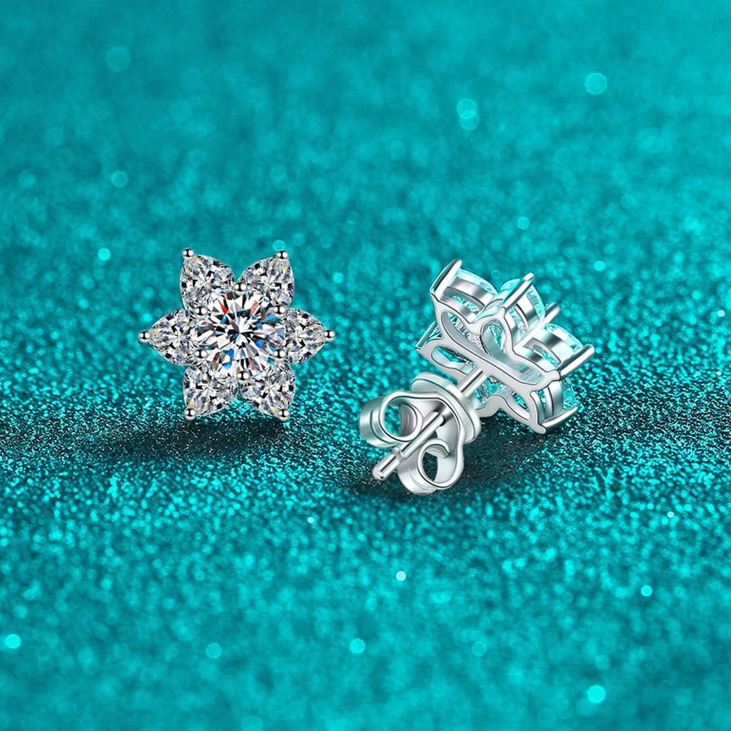 Star Cluster Moissanite Stud Earrings in Rhodium-Plated S925 sterling silver product scene view showing angled setting detail
