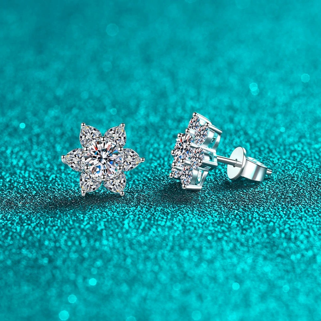 Star Cluster Moissanite Stud Earrings in Rhodium-Plated S925 sterling silver product scene view showing side profile