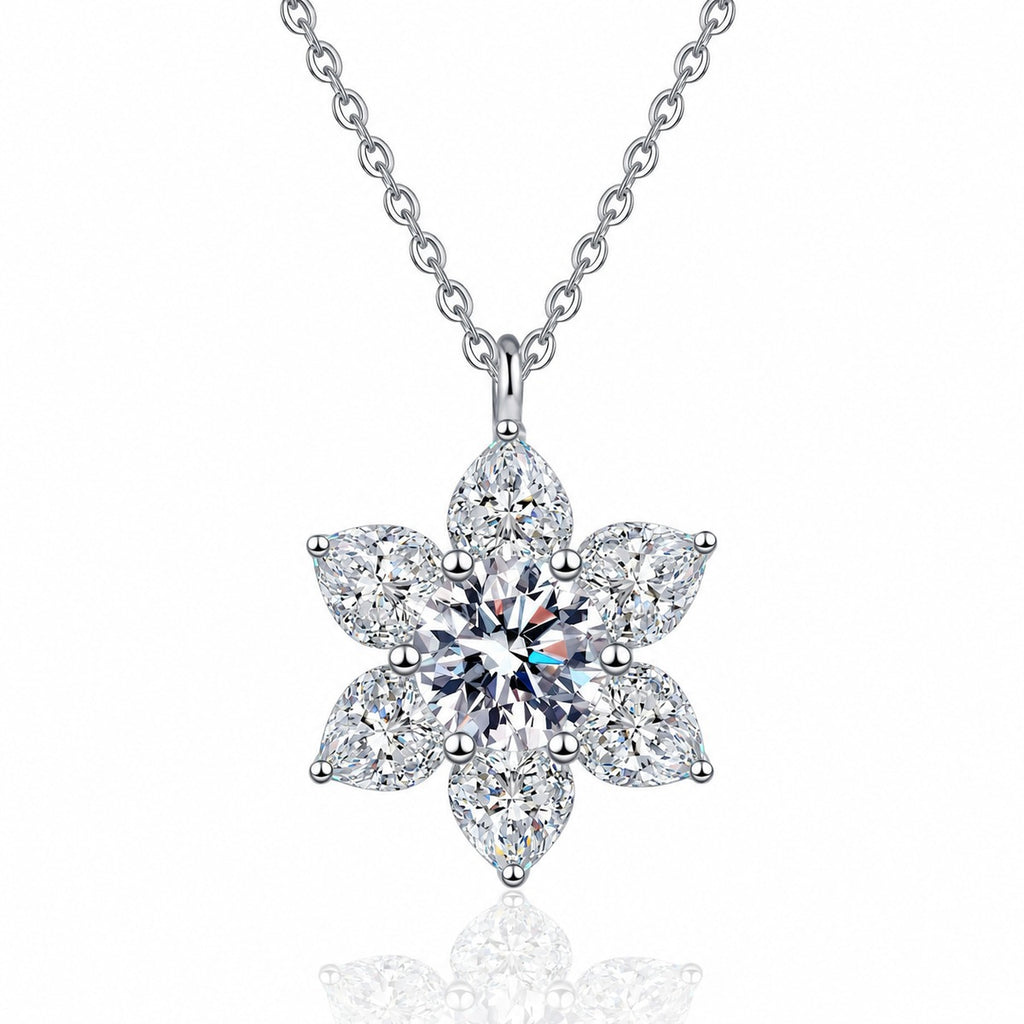 Sunflower Heart and Round Moissanite Pendant Necklace in Rhodium-Plated S925 sterling silver white background product photo showing sunflower pendant combining heart cut and round moissanite stones