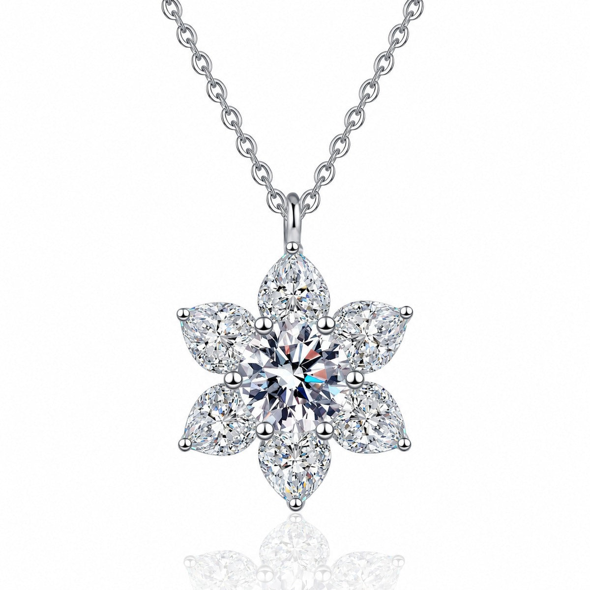 Sunflower Heart and Round Moissanite Pendant Necklace in Rhodium-Plated S925 sterling silver white background product photo showing sunflower pendant combining heart cut and round moissanite stones